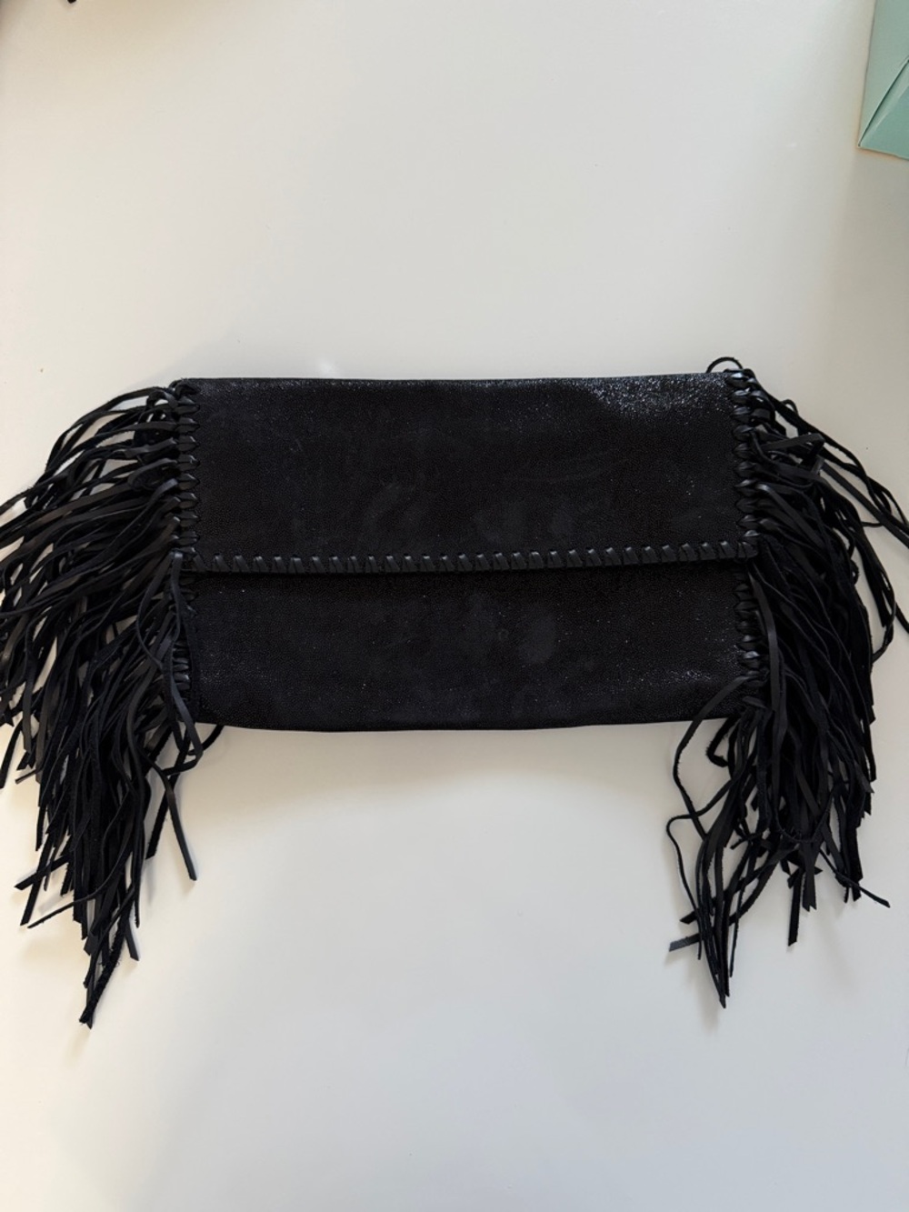Polo by Ralph Lauren Black Suede Fringe Fold-Over Clutch